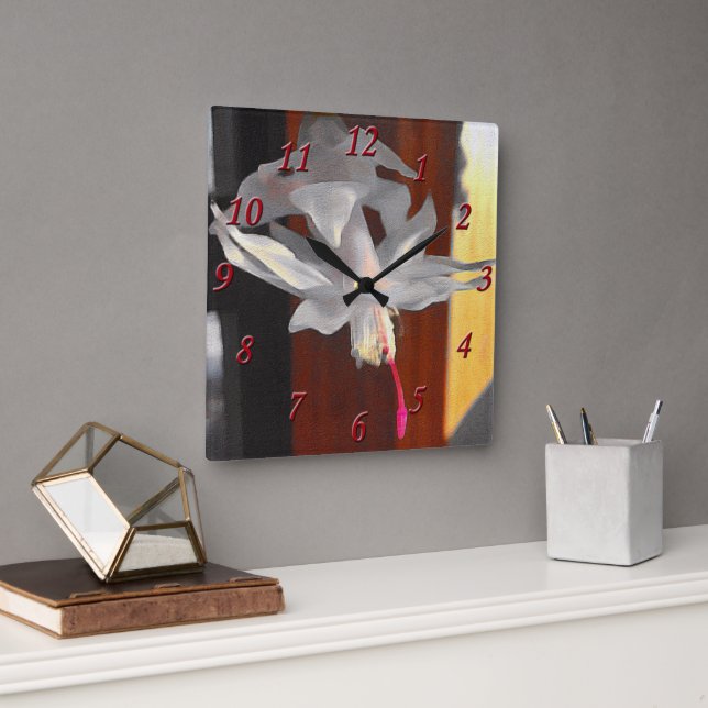 Weiße Weihnachtskaktus Blume verschüttet sie Quadratische Wanduhr (Büro)