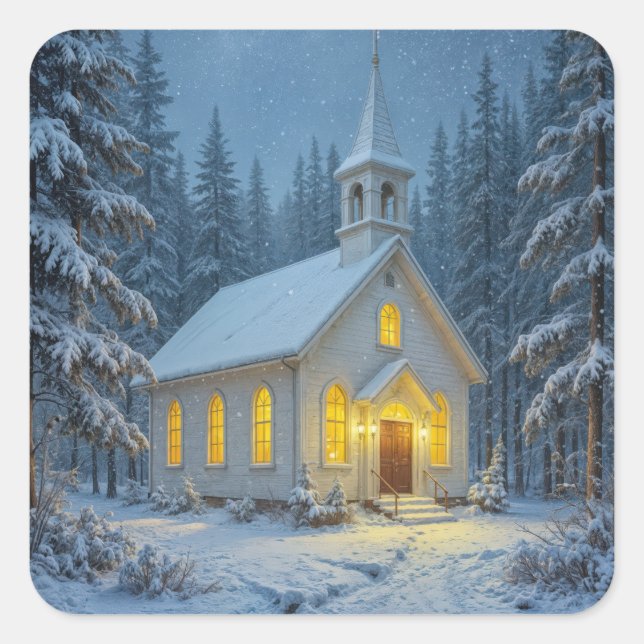 Weiße Weihnachtskapelle in Winterkiefern Quadratischer Aufkleber (Vorderseite)