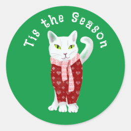 Weiße Weihnachtskatze im Holiday Sweater Custom Runder Aufkleber