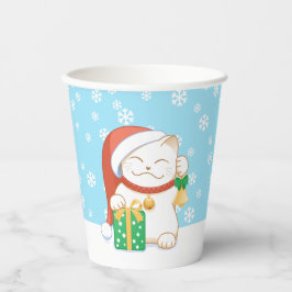 Weiße Weihnachtskatze in einem Red Hat Pappbecher