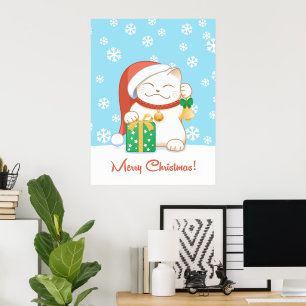 Weiße Weihnachtskatze in einem Red Hat Poster