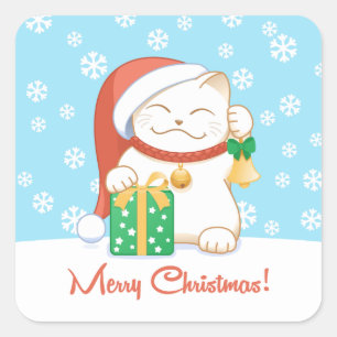 Weiße Weihnachtskatze in einem Red Hat Quadratischer Aufkleber