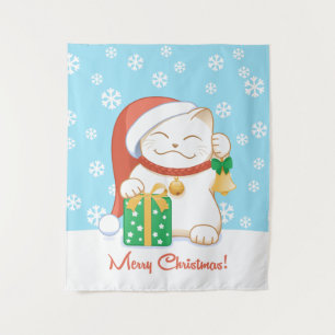 Weiße Weihnachtskatze in einem Red Hat Wandteppich