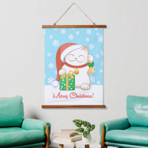 Weiße Weihnachtskatze in einem Red Hat Wandteppich Mit Holzrahmen