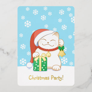 Weiße Weihnachtskatze in einer roten Hutparty Folieneinladung