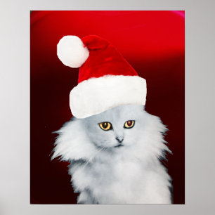 WEIßE WEIHNACHTSKATZE MIT SANTA CLAUS HUT ,Roter R Poster