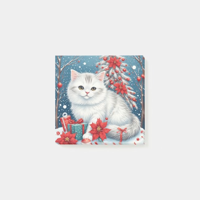 Weiße Weihnachtskatze Post-it Klebezettel (Vorderseite)