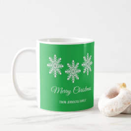 Weiße Weihnachtsschneeflocken Frohe Weihnachtsgrün Kaffeetasse