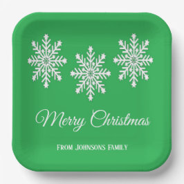 Weiße Weihnachtsschneeflocken Frohe Weihnachtsgrün Pappteller