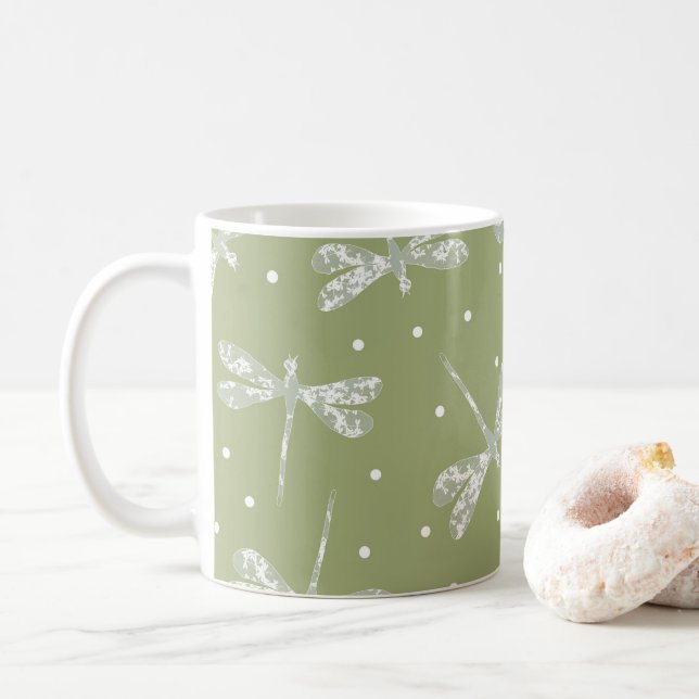 Weiße weiße Glocken und Libellen aus Olivgrün Kaffeetasse (Mit Donut)