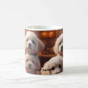 Weiße Welpen in der Küche an Halloween Kaffeetasse
