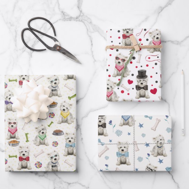 Weiße Westies mit Accessoires Geschenkpapier Set (Vorderseite)