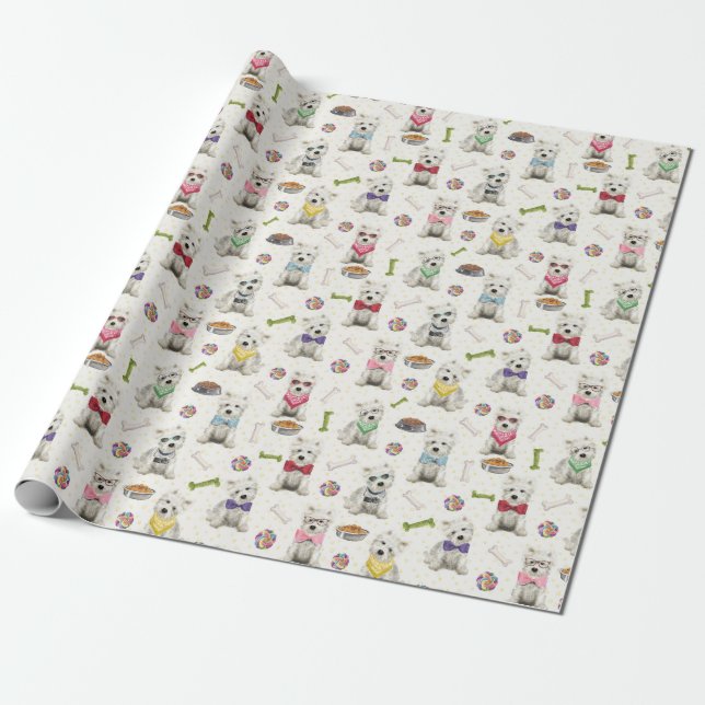 Weiße Westies mit Zubehör Whimsical Geschenkpapier (Ungerollt)