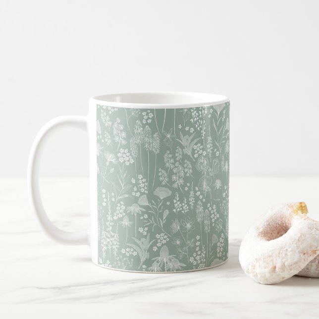 Weiße Wildblume auf Salbei Kaffeetasse (Mit Donut)