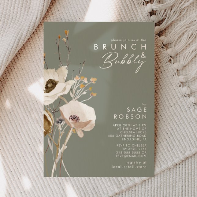 Weiße Wildblume Sage Green Brunch und Bubbly Einladung (Von Creator hochgeladen)