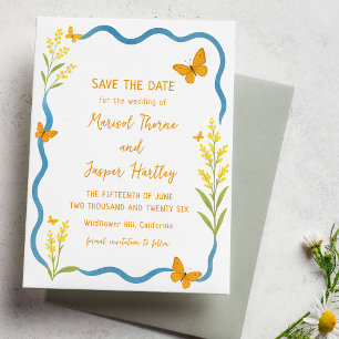 Weiße Wildblume Schmetterling Hand gezogen Wavy Save The Date