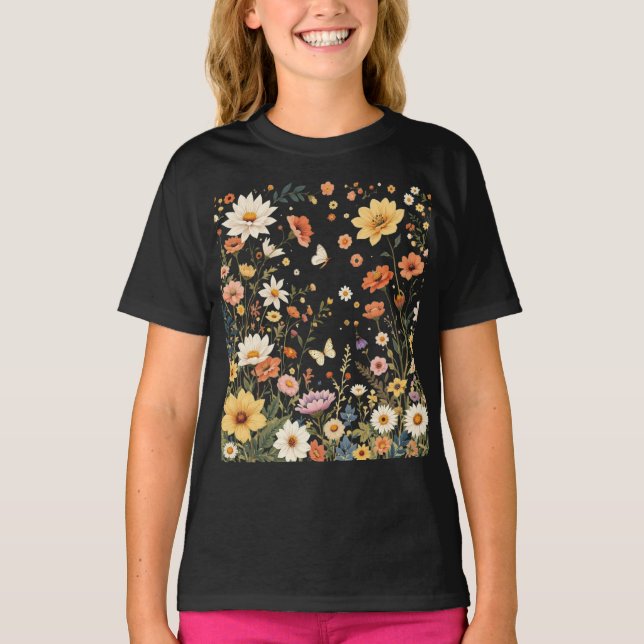 Weiße Wildblume Wiese mit Schmetterlingen T-Shirt (Vorderseite)