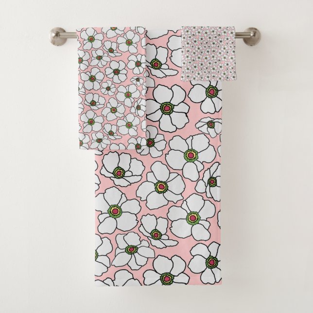 Weiße Wildblumen auf Rosa Badhandtuch Set (Insitu)