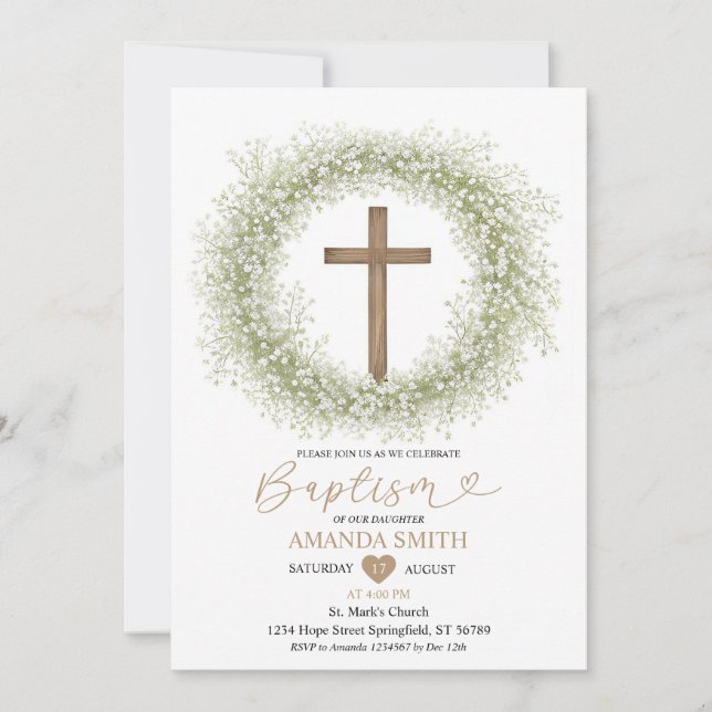 Weiße Wildblumen Gipskraut Holzkreuz Taufe Einladung (Vorderseite)