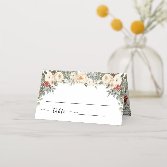 Weiße Winterblumen Hochzeit Sitzordnung gefaltet Platzkarte (Vorderseite)