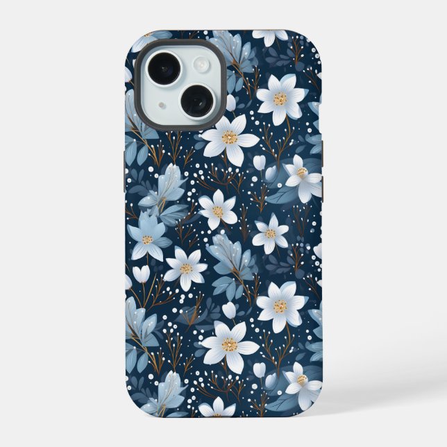 Weiße Winterblumen Muster iPhone 15 Hülle (Rückseite)