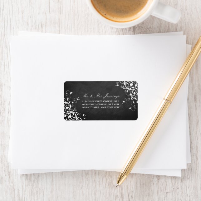 Weiße Wirbel auf Kopfbrett-Hochzeitsmarken Adressaufkleber (Insitu)