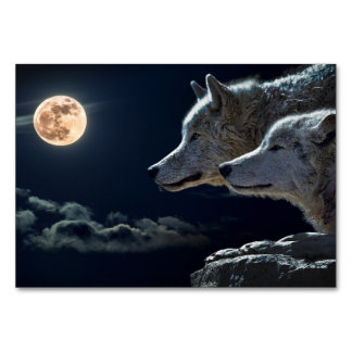 Weiße Wölfe heulen an der Vollmond-Tafelkarte Tischnummer
