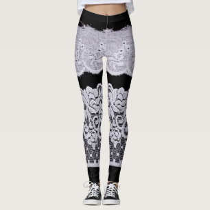 Weiße Zierspitze, abgeschiedener schwarzer Hinterg Leggings