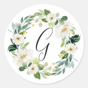 Weißen Blumenkranz-Monogramm Runder Aufkleber