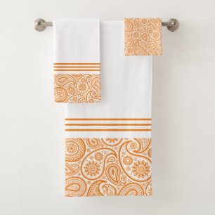 Weißen Paisley-Muster auf Orange mit Streifen Badhandtuch Set