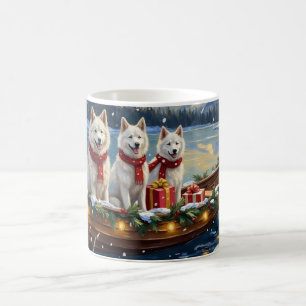 Weißer Amerikanischer Eskimo-Hund Weihnachtsboot U Kaffeetasse