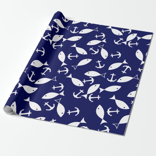 Weißer Anker Blauer Hintergrund Captain Sea Fish Geschenkpapier (Ungerollt)