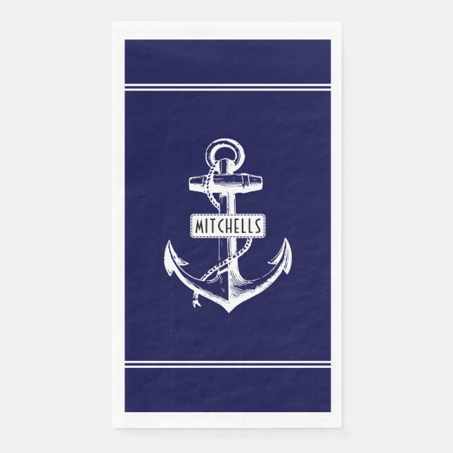Weißer Anker, Linien und Name auf marineblauen Was Serviette (Vorderseite)