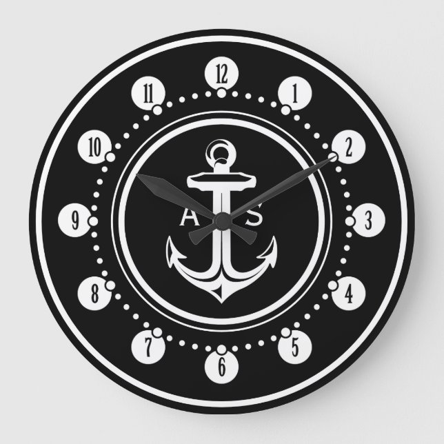 Weißer Anker mit Initialen| Nautische Geschenke Große Wanduhr (Vorderseite)