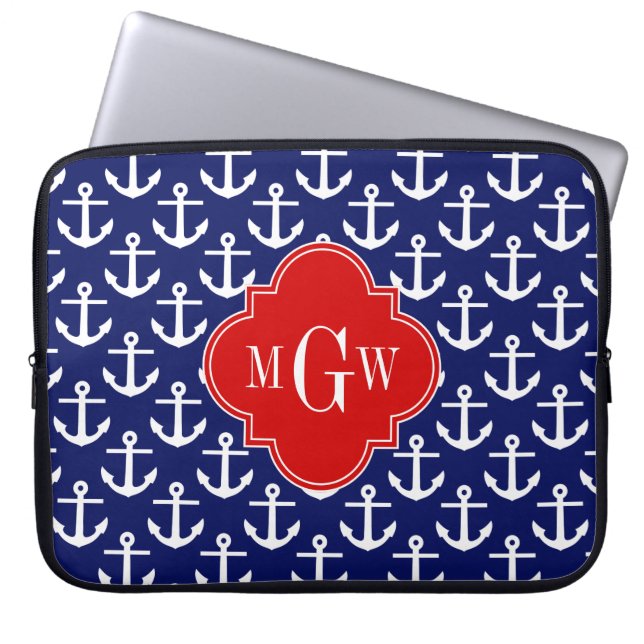 Weißer Anker Navy Blau, Red 3 Initial Monogramm Laptopschutzhülle (Vorderseite)