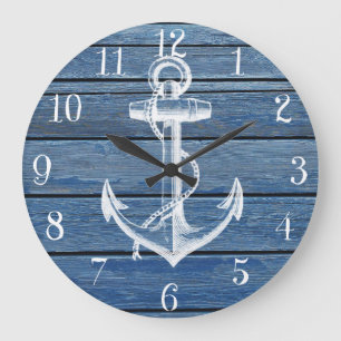 Weißer Anker und altes blaues Holz Große Wanduhr