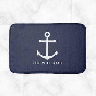 Weißer Anker und Individuelle Name auf Navy Blue Badematte