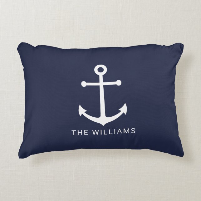 Weißer Anker und Individuelle Name auf Navy Blue Dekokissen (Vorderseite)