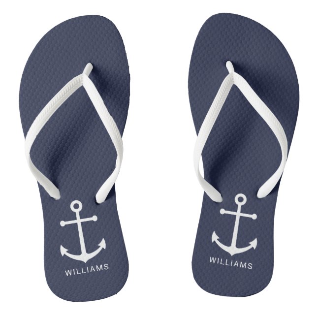 Weißer Anker und Individuelle Name auf Navy Blue Flip Flops (Fußbett)