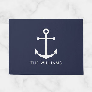 Weißer Anker und Individuelle Name auf Navy Blue Fußmatte
