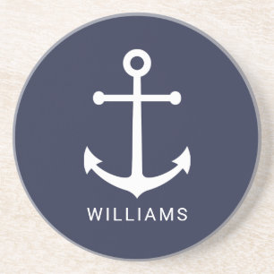 Weißer Anker und Individuelle Name auf Navy Blue Getränkeuntersetzer
