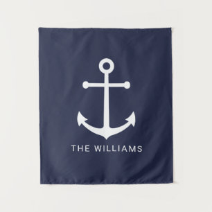 Weißer Anker und Individuelle Name auf Navy Blue Wandteppich