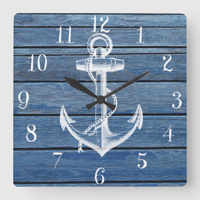 Weißer Anker und Vintages blaues Holz Quadratische Wanduhr (Vorderseite)