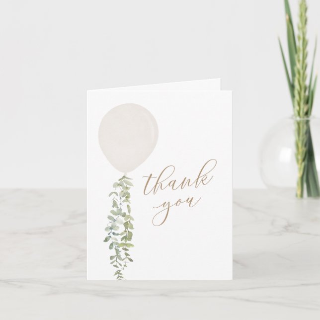 Weißer Aquarellballon Eucalyptus Baby Dusche Dankeskarte (Vorderseite)