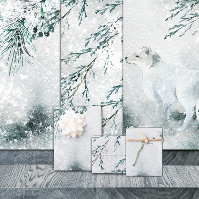 Weißer arktischer Fuchs in einem stürmischen Winte Geschenkpapier Set (White Arctic Fox In A Blustering Winter Snow Storm Christmas Holiday Wrapping Paper Sheets Trio)