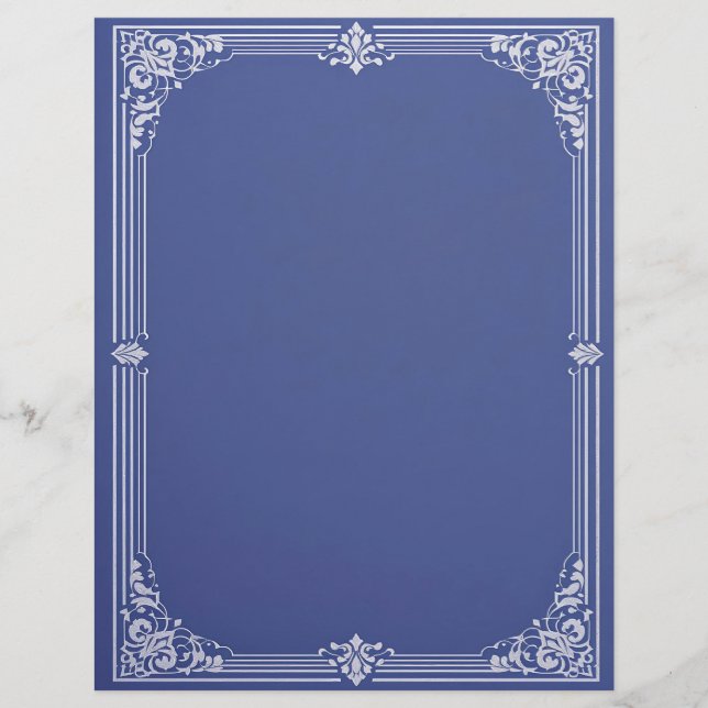 Weißer Art Deco Rahmen auf staubblauem Briefpapier (Vorderseite)