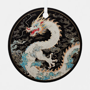 Weißer asiatischer Drache und Wolken Ornament Aus Metall