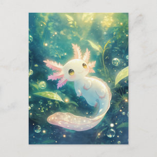 Weißer Axolotl schwimmt im magischen Wassergarten Postkarte