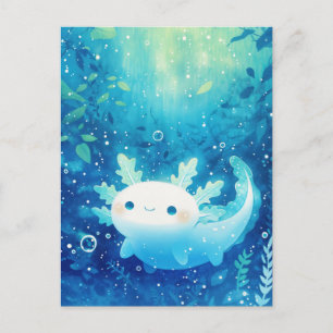 Weißer Axolotl schwimmt im tiefblauen brodelnden O Postkarte