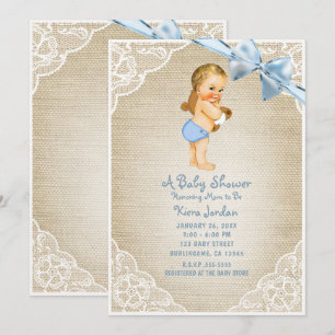 Weißer Baby-Jungen-Bär & Blaues Band-Burlap-Baby-P Einladung